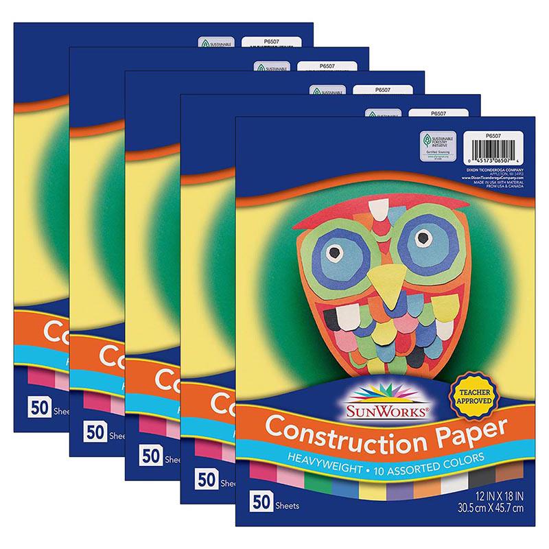 Construction Paper, 10 Assorted Colors, 12" x 18", 50 Sheets Per Pack, 5 Packs