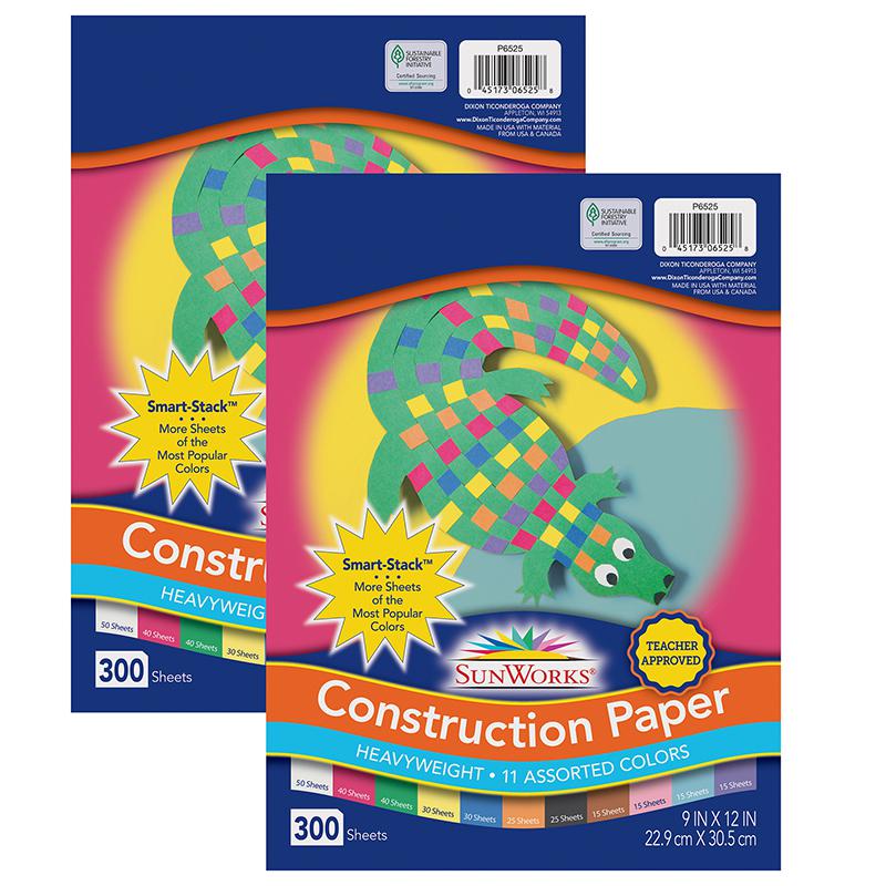 Construction Paper, 11 Assorted Colors, 9" x 12", 300 Sheets Per Pack, 2 Packs