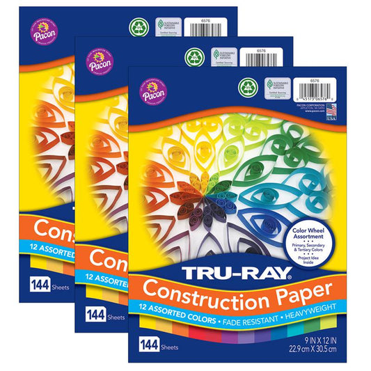 Color Wheel Assortment, 12 Vibrant Colors,144 Sheets Per Pack, 3 Packs