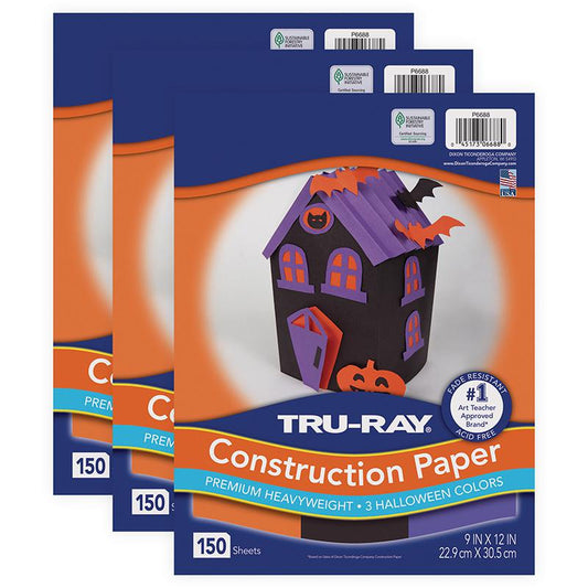 Construction Paper Halloween, Black, Orange, Purple, 50 Sheets Per Pack, 3 Packs