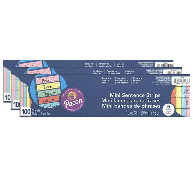 Mini Sentence Strips, 5 1-1/2" x 3/4" Ruled, 3" x 12", 100 Per Pack, 3 Packs