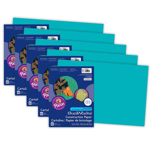 Construction Paper, Turquoise, 12" x 18", 50 Sheets Per Pack, 5 Packs