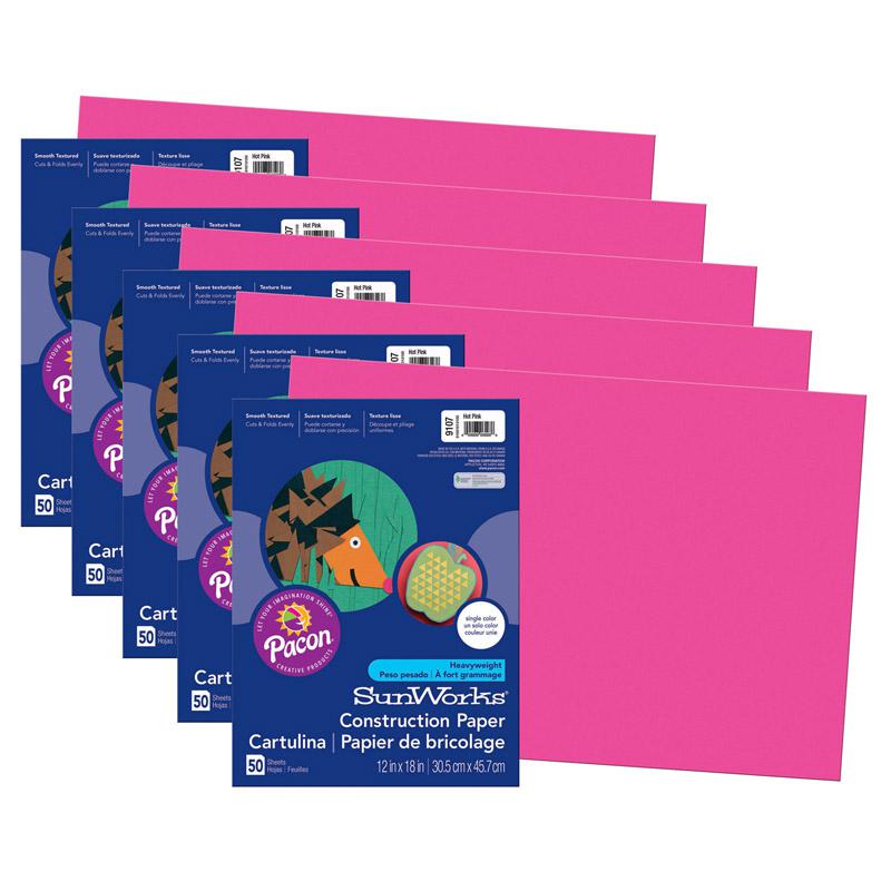 Construction Paper, Hot Pink, 12" x 18", 50 Sheets Per Pack, 5 Packs