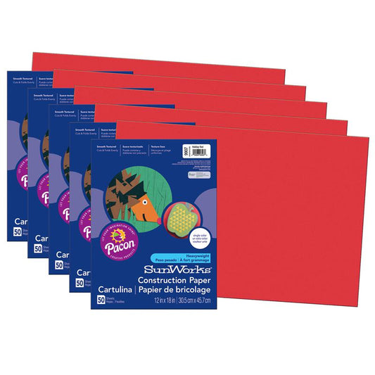 Construction Paper, Holiday Red, 12" x 18", 50 Sheets Per Pack, 5 Packs