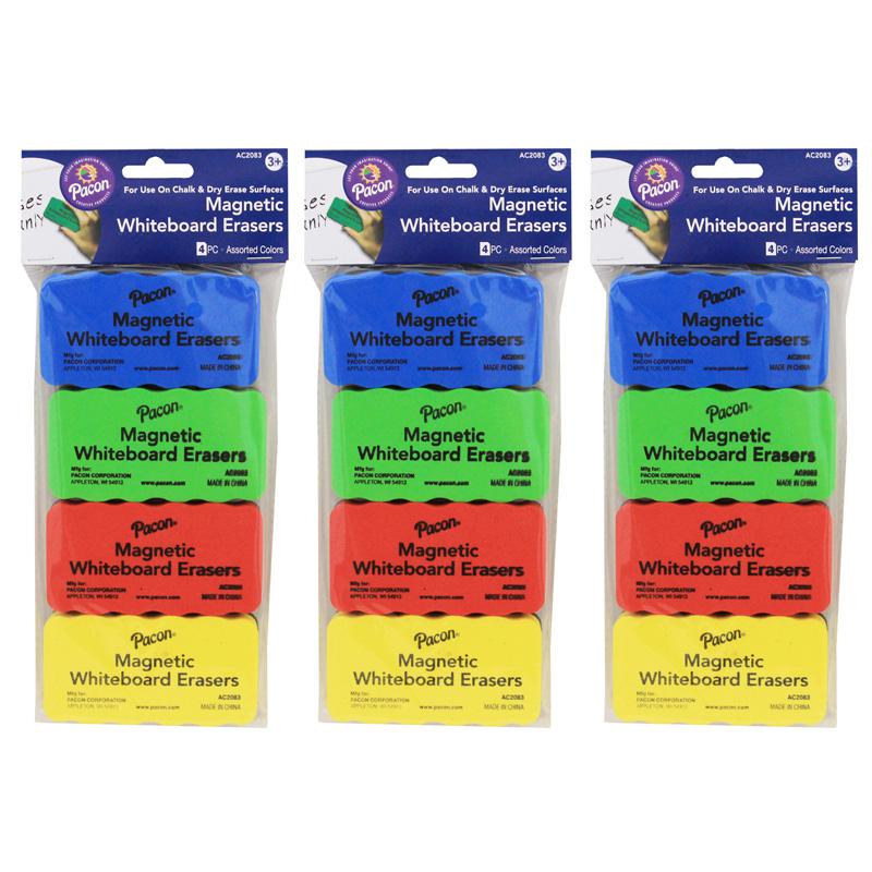 Magnetic Chalk & Whiteboard Eraser, 4 2.25" x 4.25", 4 Erasers Per Pack, 3 Packs