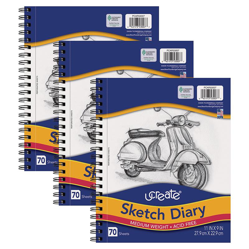 Sketch Diary, Medium Weight, 11" x 9", 70 Sheets, Pack of 3