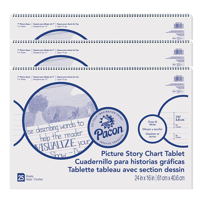 Picture Story Chart Tablet, White, Ruled Long, 1-1/2" Ruled, 25 Sheets Pack of 3