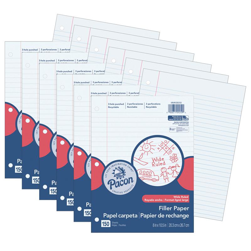 Filler Paper, White, 3-Hole Punched, Red Margin, 150 Sheets Per Pack, 6 Packs