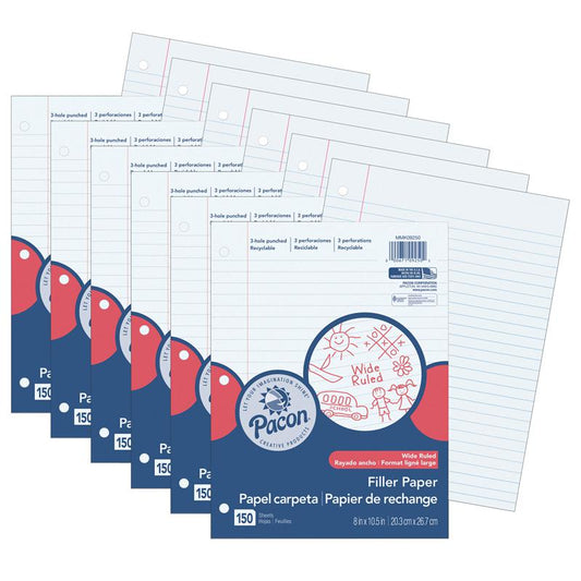 Filler Paper, White, 3-Hole Punched, Red Margin, 150 Sheets Per Pack, 6 Packs