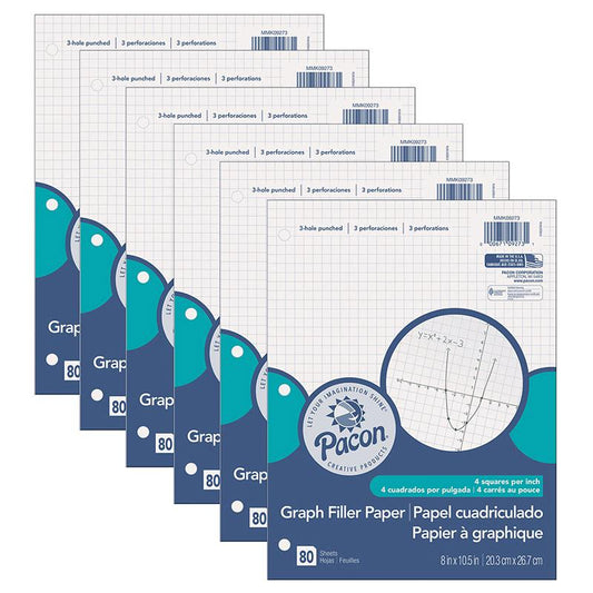 Graphing Paper 3-Hole Punched, 1/4" Quadrille Ruled, 80 Sheets Per Pack, 6 Packs