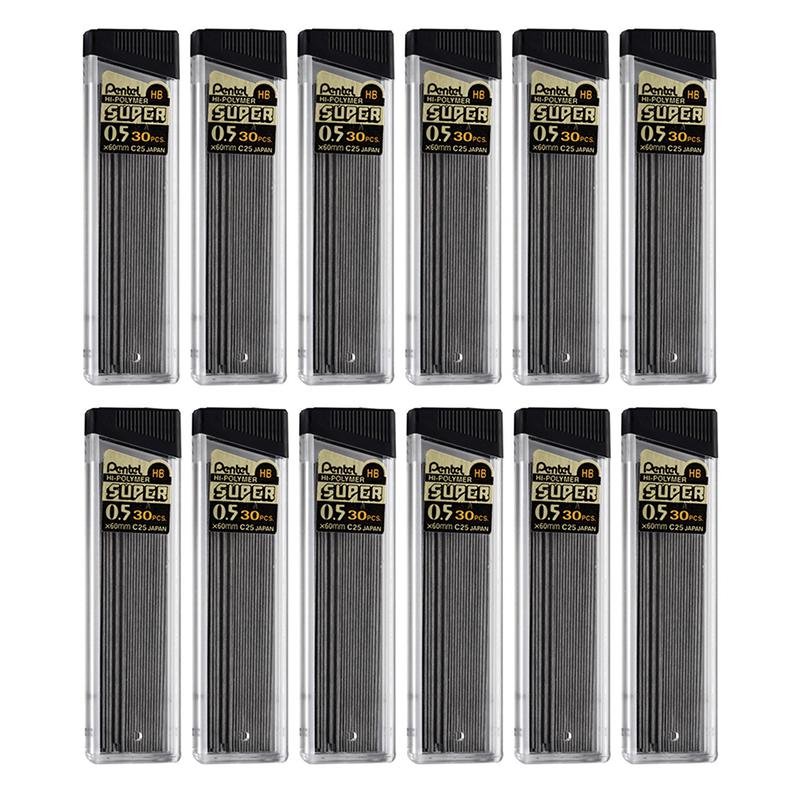 HB Super Hi-Polymer Leads, 0.5mm, Black, 30 Per Pack, 12 Packs