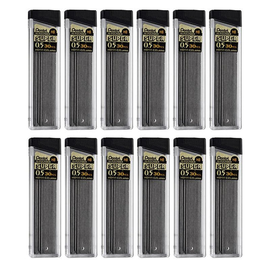 HB Super Hi-Polymer Leads, 0.5mm, Black, 30 Per Pack, 12 Packs