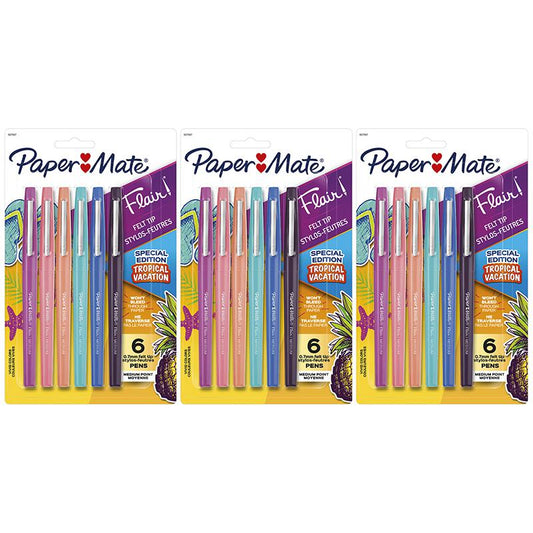 Flair Felt Tip Pens, Medium Point (0.7mm), Tropical Colors, 6 Per Pack, 3 Packs