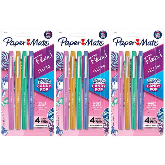 Flair Felt Tip Pens, Medium Point, Candy Pop Pack, 4 Per Pack, 3 Packs