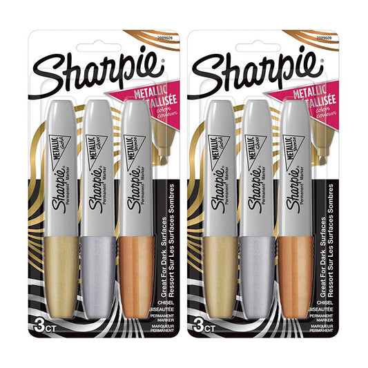 Metallic Permanent Markers, Chisel Tip, Assorted Colors, 3 Per Pack, 2 Packs