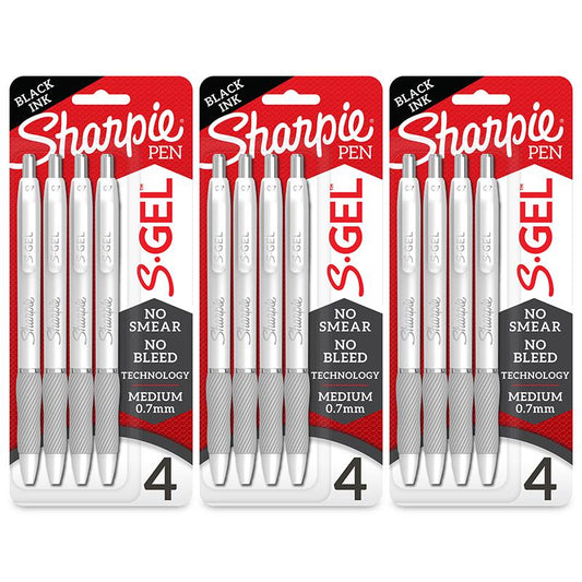 S-Gel, Gel Pens, Medium Point (0.7mm), Pearl White Body, 4 Per Pack, 3 Packs