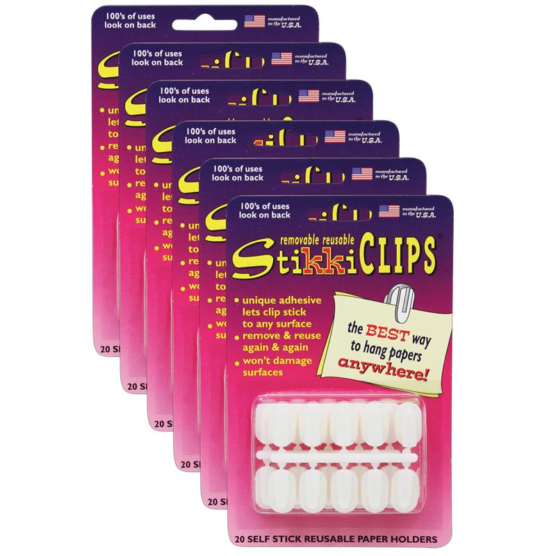 StikkiCLIPS Adhesive Clips, White, 20 Per Pack, 6 Packs