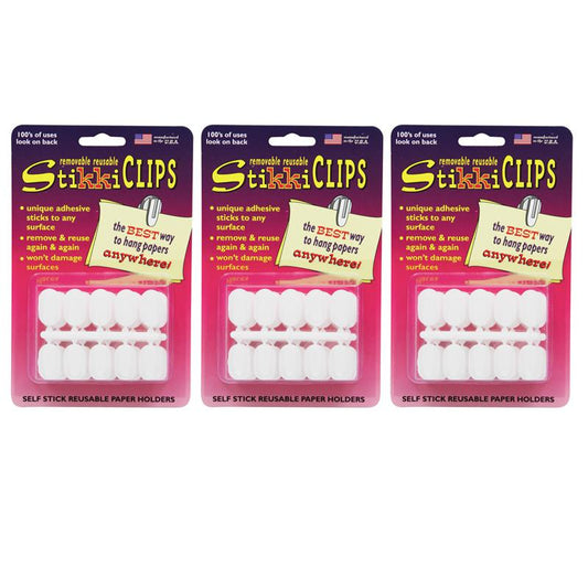 StikkiCLIPS Adhesive Clips, White, 30 Per Pack, 3 Packs