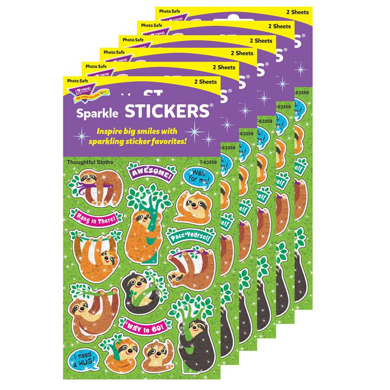 Thoughtful Sloths Sparkle Stickers, 32 Per Pack, 6 Packs