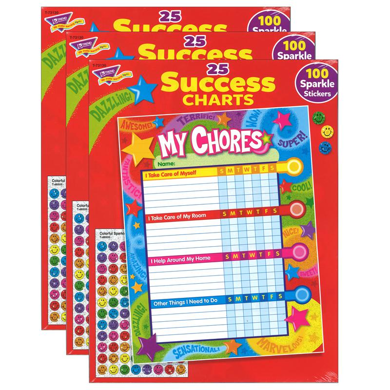 Praise Words 'n Stars Chore Charts, 25 Sheets Per Pad, Pack of 3