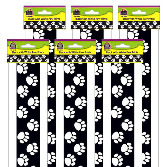 Black with White Paw Prints Border Trim, 35 Feet Per Pack, 6 Packs