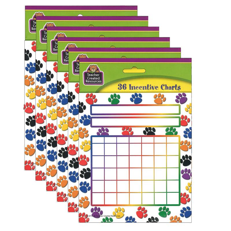 Colorful Paw Prints Incentive Charts, 5.25" x 6", 36 Sheets Per Pack, 6 Packs