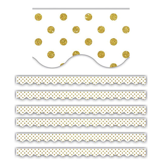 White with Gold Dots Scalloped Border Trim, 35 Feet Per Pack, 6 Packs