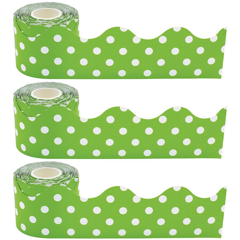 Lime Polka Dots Scalloped Rolled Border Trim, 50 Feet Per Roll, Pack of 3