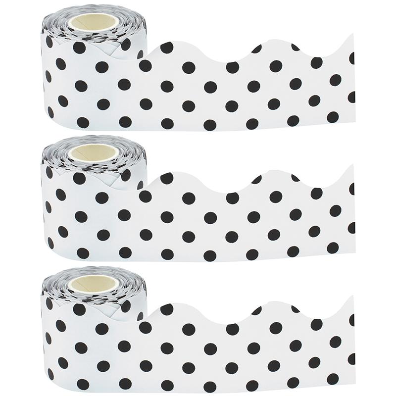 Black Polka Dots on White Scalloped Rolled Trim, 50 Ft Per Roll, Pack of 3