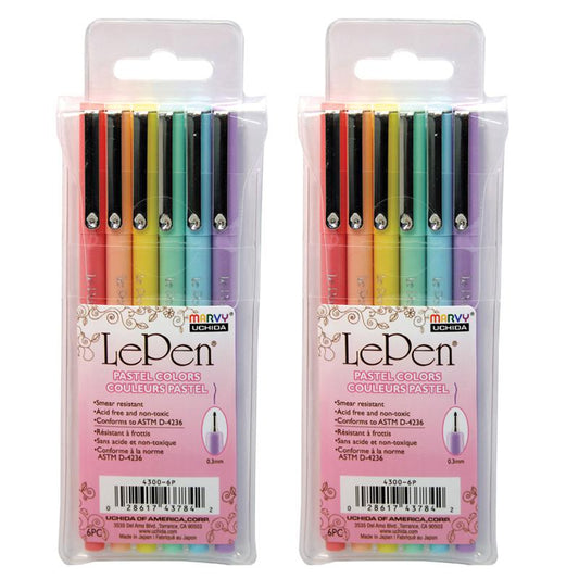 LePen Micro-Fine Point Pen, Pastel, 6 Per Pack, 2 Packs