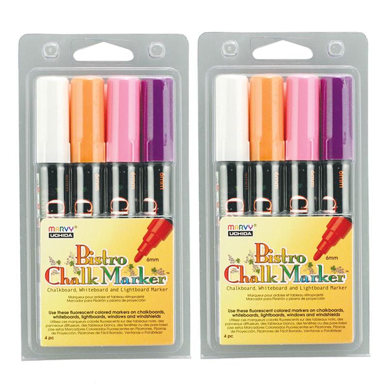 Broad Point Chalk Marker Broad Tip Set 4B, Fluorescent Colors 4 Per Pack 2 Packs