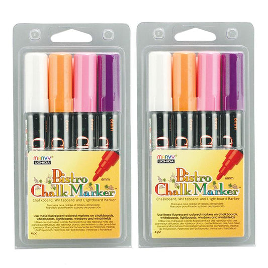 Broad Point Chalk Marker Broad Tip Set 4B, Fluorescent Colors 4 Per Pack 2 Packs