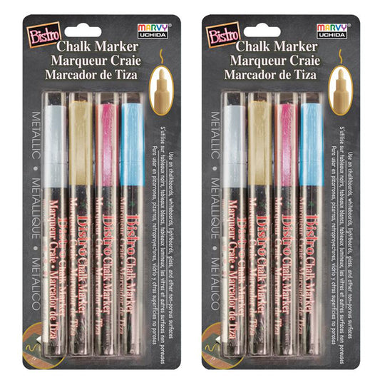 Broad Point Chalk Marker Fine Tip Set 4M, Metallic Colors, 4 Per Pack, 2 Packs