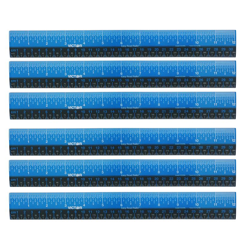 Easy Read Ruler, Plastic, Blue/Black, 12", Pack of 6