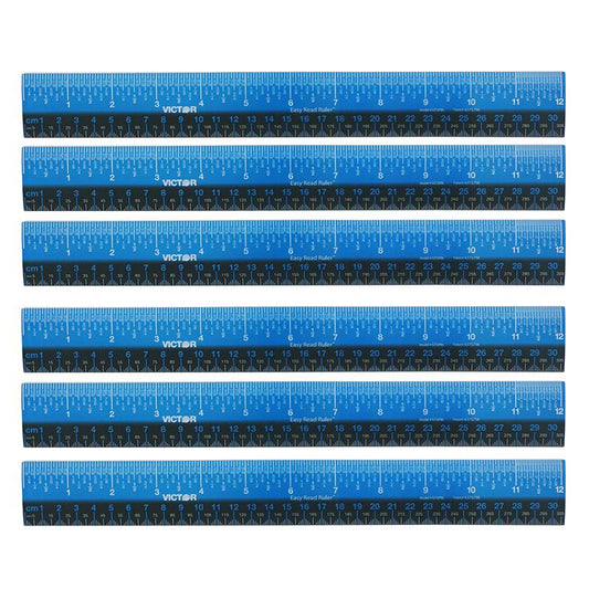 Easy Read Ruler, Plastic, Blue/Black, 12", Pack of 6