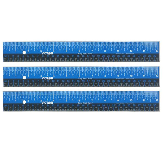 Easy Read Ruler, Stainless Steel, Blue/Black, 12", Pack of 3