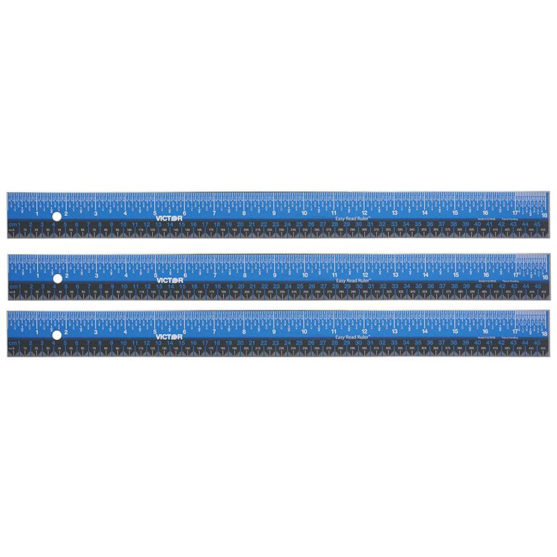 Easy Read Ruler, Stainless Steel, Blue/Black, 18", Pack of 3