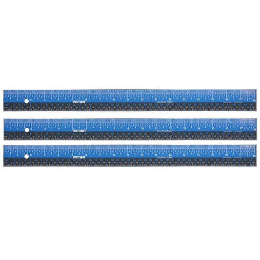 Easy Read Ruler, Stainless Steel, Blue/Black, 18", Pack of 3