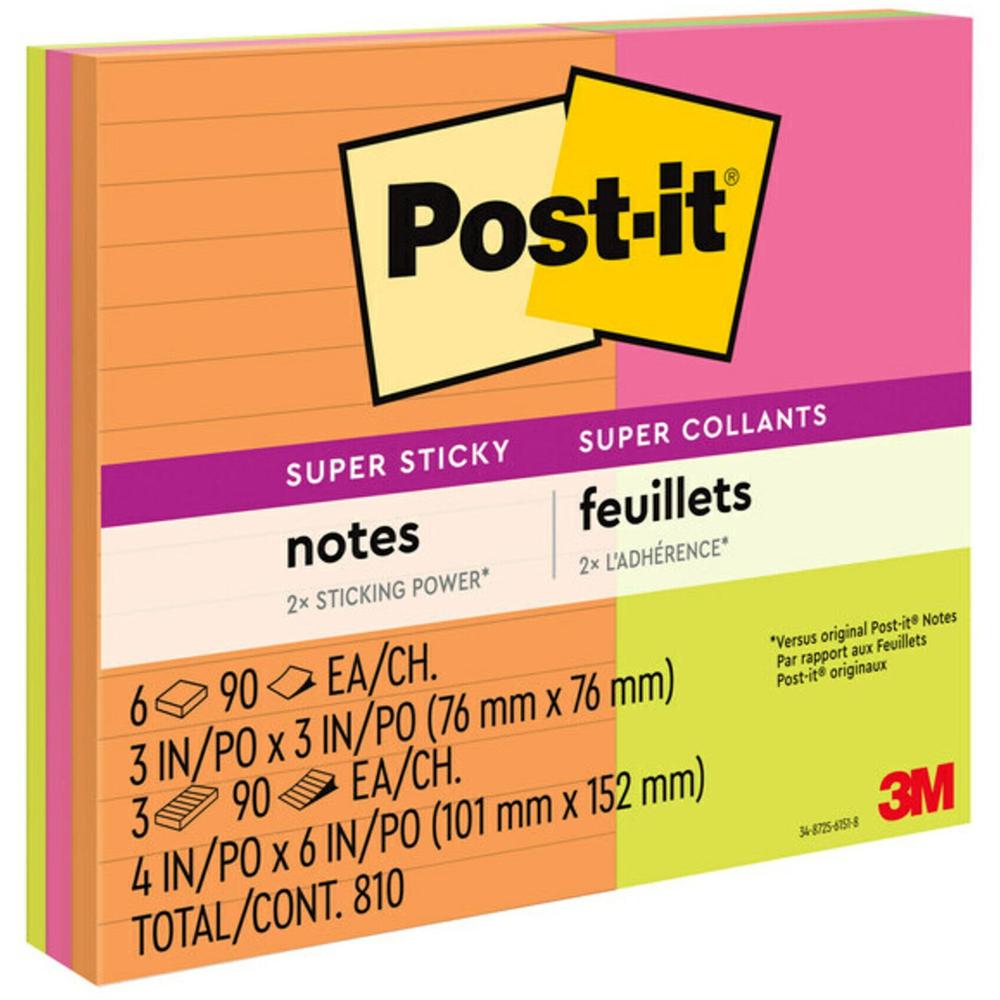 Post-it&reg; Super Sticky Notes - Energy Boost Color Collection - 3" x 3" , 4" x 6" - Square, Rectangle - 90 Sheets per Pad - Vital Orange, Tropical Pink, Limeade - Paper - Sticky, Recyclable - 9 / Pa