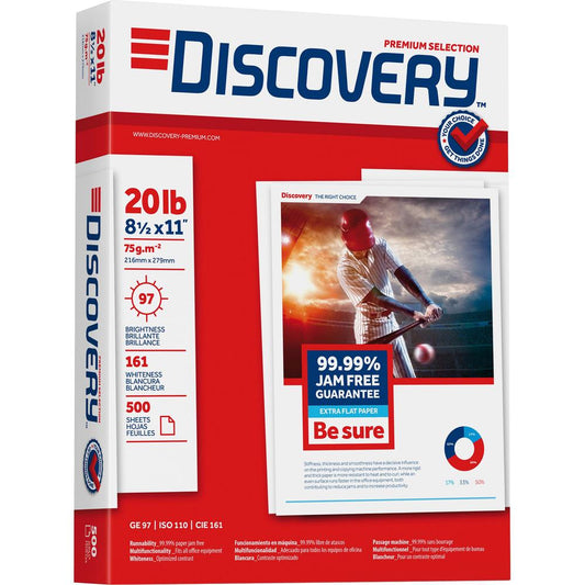 Discovery 3HP Premium Multipurpose Paper - Anti-Jam - Ultra White - 97 Brightness - Letter - 8 1/2" x 11" - 20 lb Basis Weight - 2500 / Carton - Excellent Ink Absorption - Ultra White