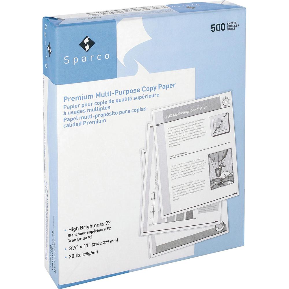 Sparco 3HP Multipurpose Copy Paper - White - 92 Brightness - Letter - 8 1/2" x 11" - 20 lb Basis Weight - 5000 / Carton - Sustainable Forestry Initiative (SFI) - Pre-punched, Acid-free - White