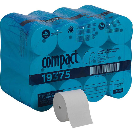 Compact Coreless Recycled Toilet Paper - 2 Ply - 4.05" x 3.85" - 1000 Sheets/Roll - White - Cleaning - For Restroom - 36 / Carton