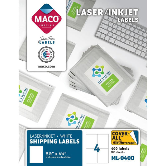 MACO White Laser/Ink Jet Shipping Label - 5 1/2" Width x 4 1/4" Length - Rectangle - Laser, Inkjet - White - 4 / Sheet - 400 / Box - Lignin-free