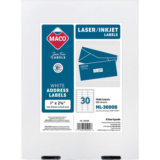 MACO White Laser/Ink Jet Address Label - 1" Width x 2 5/8" Length - Permanent Adhesive - Rectangle - Laser, Inkjet - White - 30 / Sheet - 7500 / Box - Lignin-free