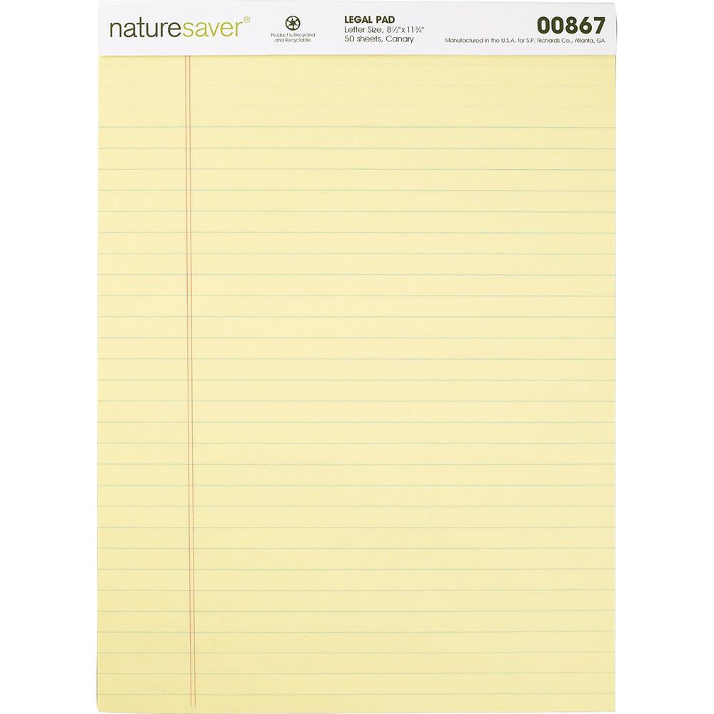 Nature Saver 100% Recycled Canary Legal Ruled Pads - 50 Sheets - 0.34" Ruled - 15 lb Basis Weight - 8 1/2" x 11 3/4" - Canary Paper - Perforated, Stiff-back, Back Board, Easy Tear - Recycled - 1 Dozen