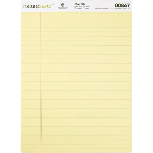 Nature Saver 100% Recycled Canary Legal Ruled Pads - 50 Sheets - 0.34" Ruled - 15 lb Basis Weight - 8 1/2" x 11 3/4" - Canary Paper - Perforated, Stiff-back, Back Board, Easy Tear - Recycled - 1 Dozen