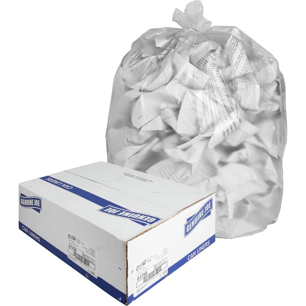 Genuine Joe High-density Can Liners - Large Size - 45 gal Capacity - 40" Width x 48" Length - 0.63 mil (16 Micron) Thickness - High Density - Clear - Resin - 10/Carton - 25 Per Roll - Office Waste, In