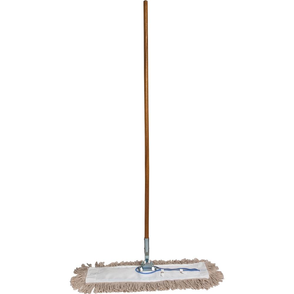 Genuine Joe Dust Mop Complete Combo - 24" Cotton Head - 60" x 0.94" Wood Handle - Swivel Head, Lightweight, Chrome Plated, Absorbent, Rust Resistant, Reinforced, Refillable - 1 Each