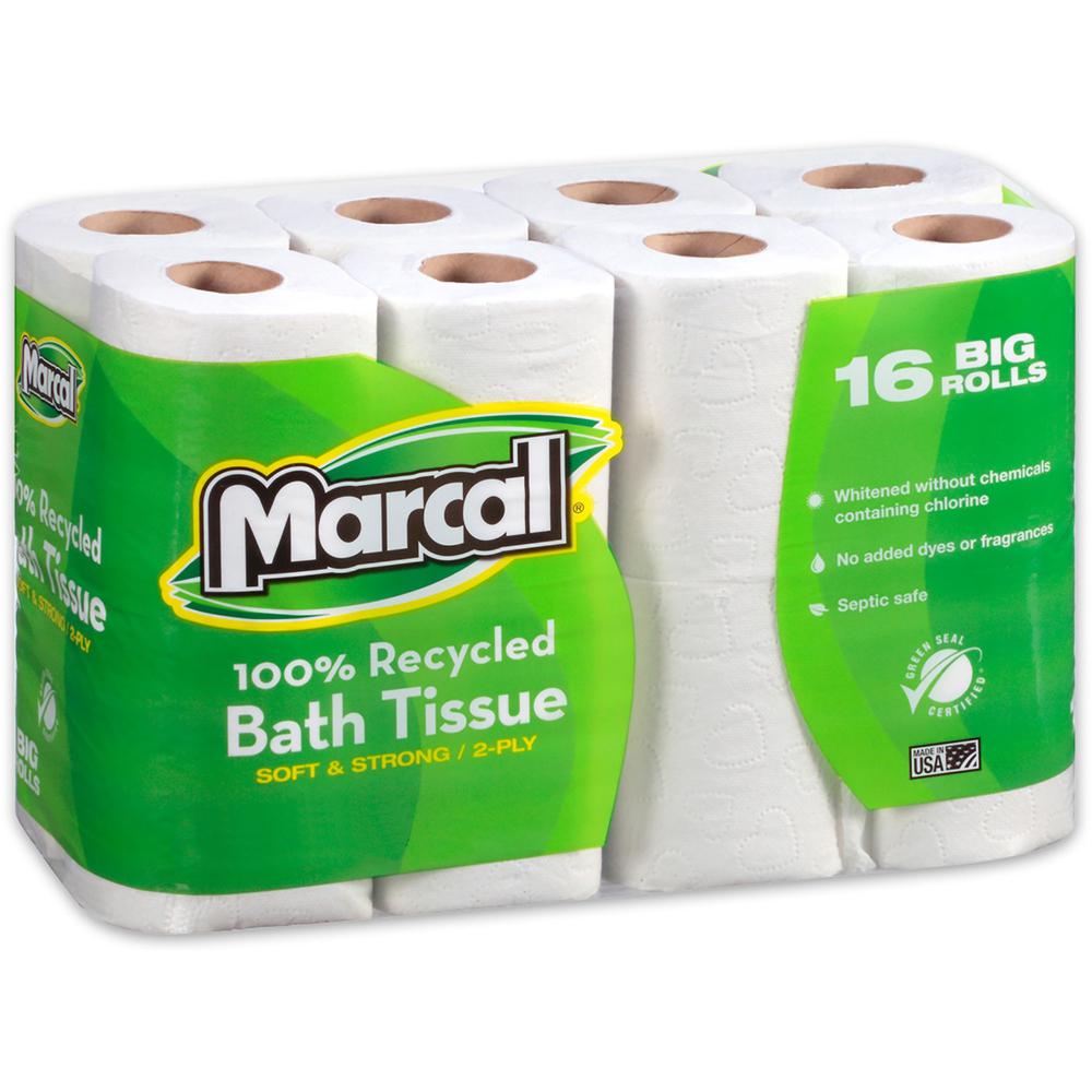 Marcal 100% Recycled Soft/Strong Bath Tissue - 2 Ply - 4.20" x 3.60" - 168 Sheets/Roll - White - Soft, Strong, Septic Safe, Hypoallergenic - For Bathroom - 16 Rolls Per Container - 6 / Carton