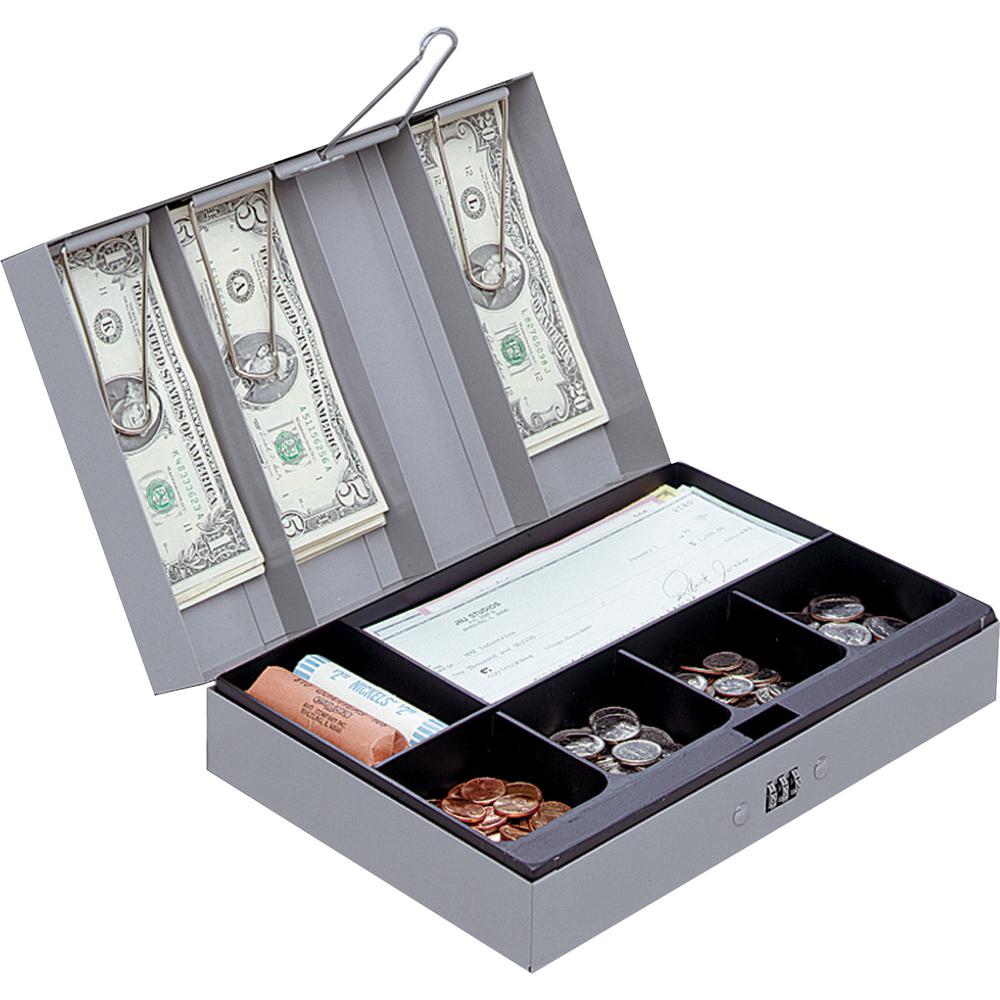 Sparco Steel Combination Lock Steel Cash Box - 6 Coin - Steel - Gray - 3.2" Height x 11.5" Width x 7.8" Depth